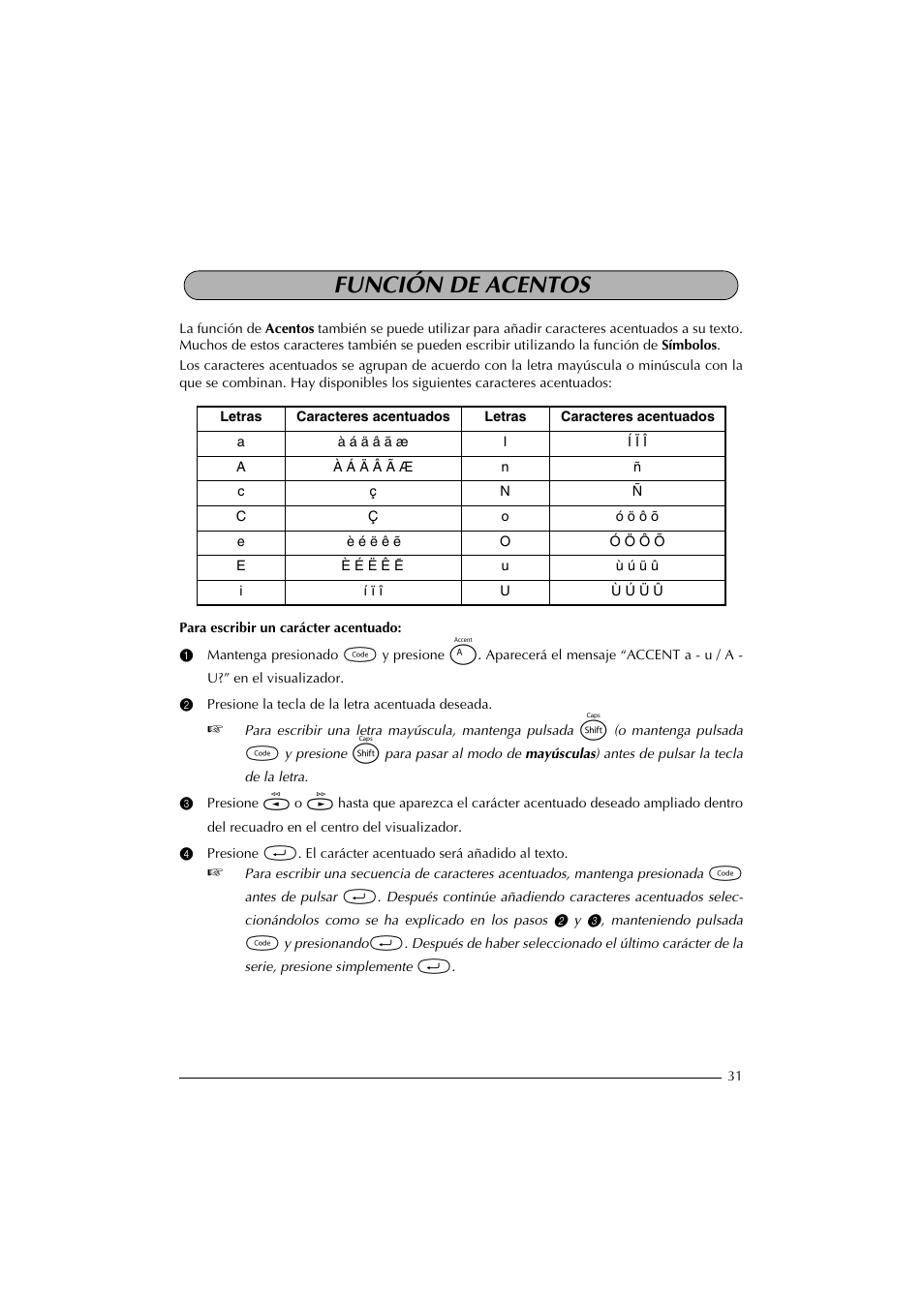 Función de acentos, 2 presione la tecla de la letra acentuada deseada | Brother PT-2300 User Manual | Page 116 / 143