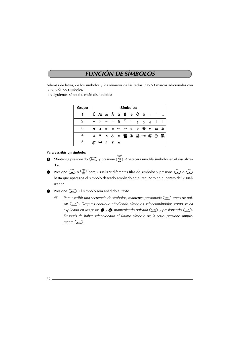 Función de símbolos, 3 presione r. el símbolo será añadido al texto | Brother PT-2300 User Manual | Page 117 / 143