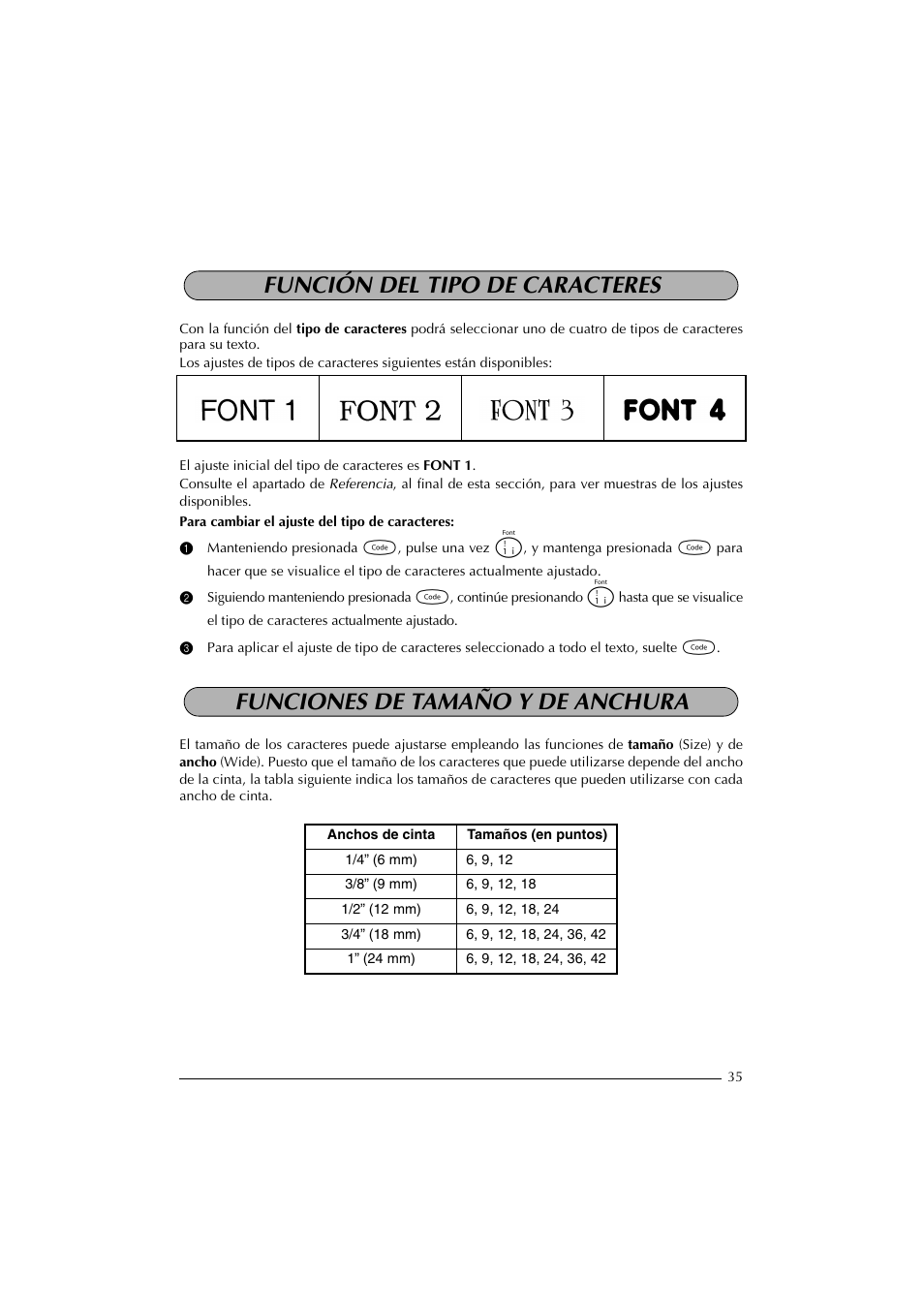 Función del tipo de caracteres, Funciones de tamaño y de anchura | Brother PT-2300 User Manual | Page 120 / 143