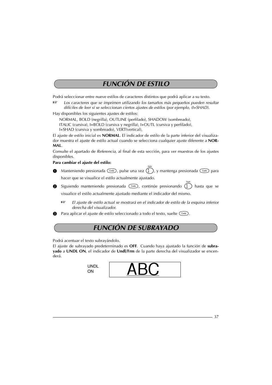 Función de estilo, Función de subrayado, Función de estilo función de subrayado | Brother PT-2300 User Manual | Page 122 / 143