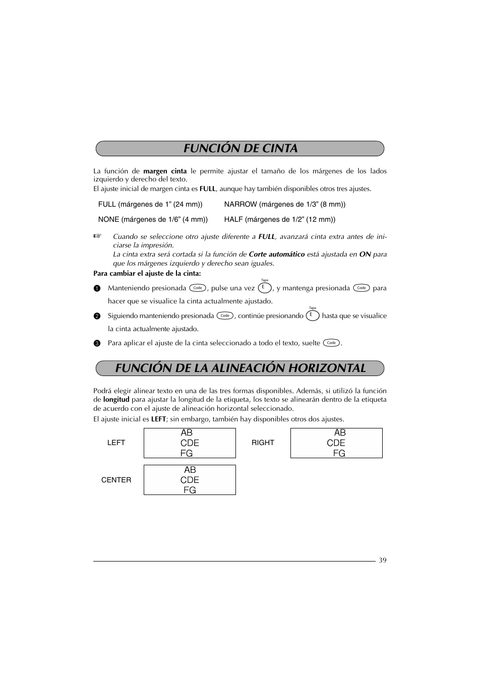 Función de cinta, Función de la alineación horizontal | Brother PT-2300 User Manual | Page 124 / 143