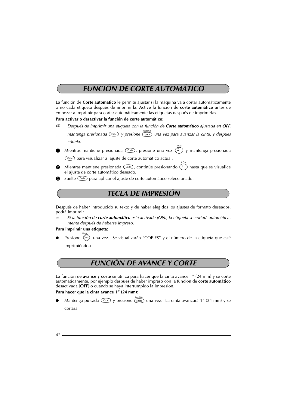 Función de corte automático, Tecla de impresión, Función de avance y corte | Brother PT-2300 User Manual | Page 127 / 143