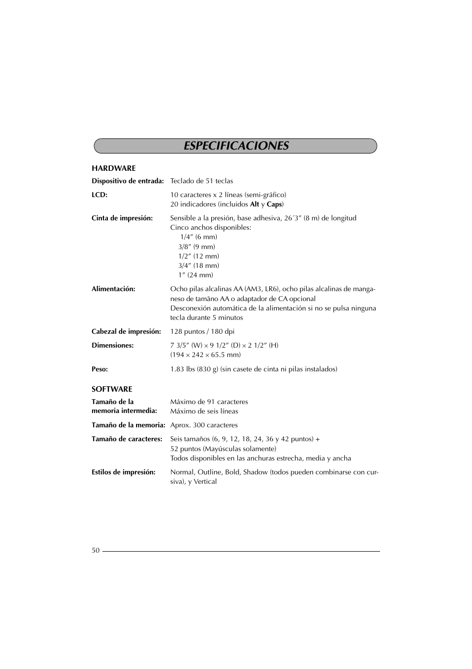 Especificaciones | Brother PT-2300 User Manual | Page 135 / 143