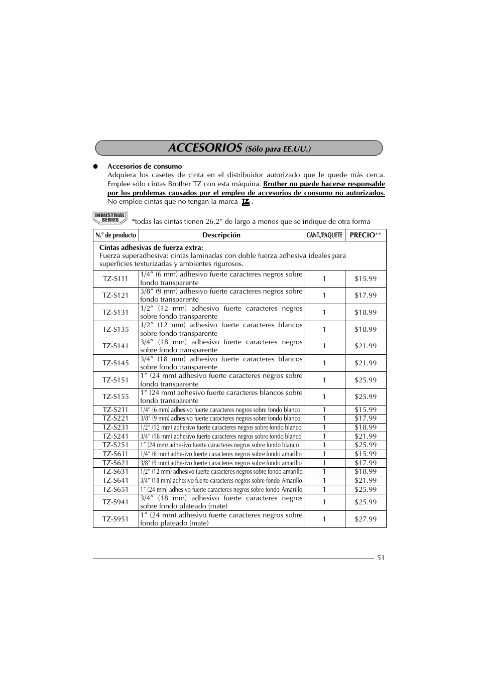 Accesorios (sólo para ee.uu.), Accesorios | Brother PT-2300 User Manual | Page 136 / 143