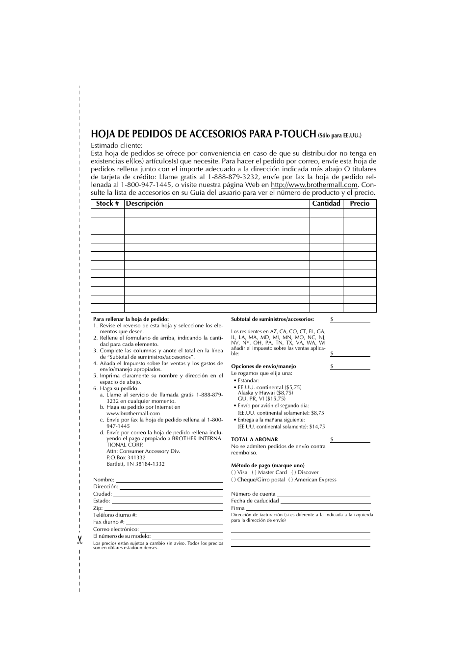 Hoja de pedidos de accesorios para p-touch | Brother PT-2300 User Manual | Page 142 / 143