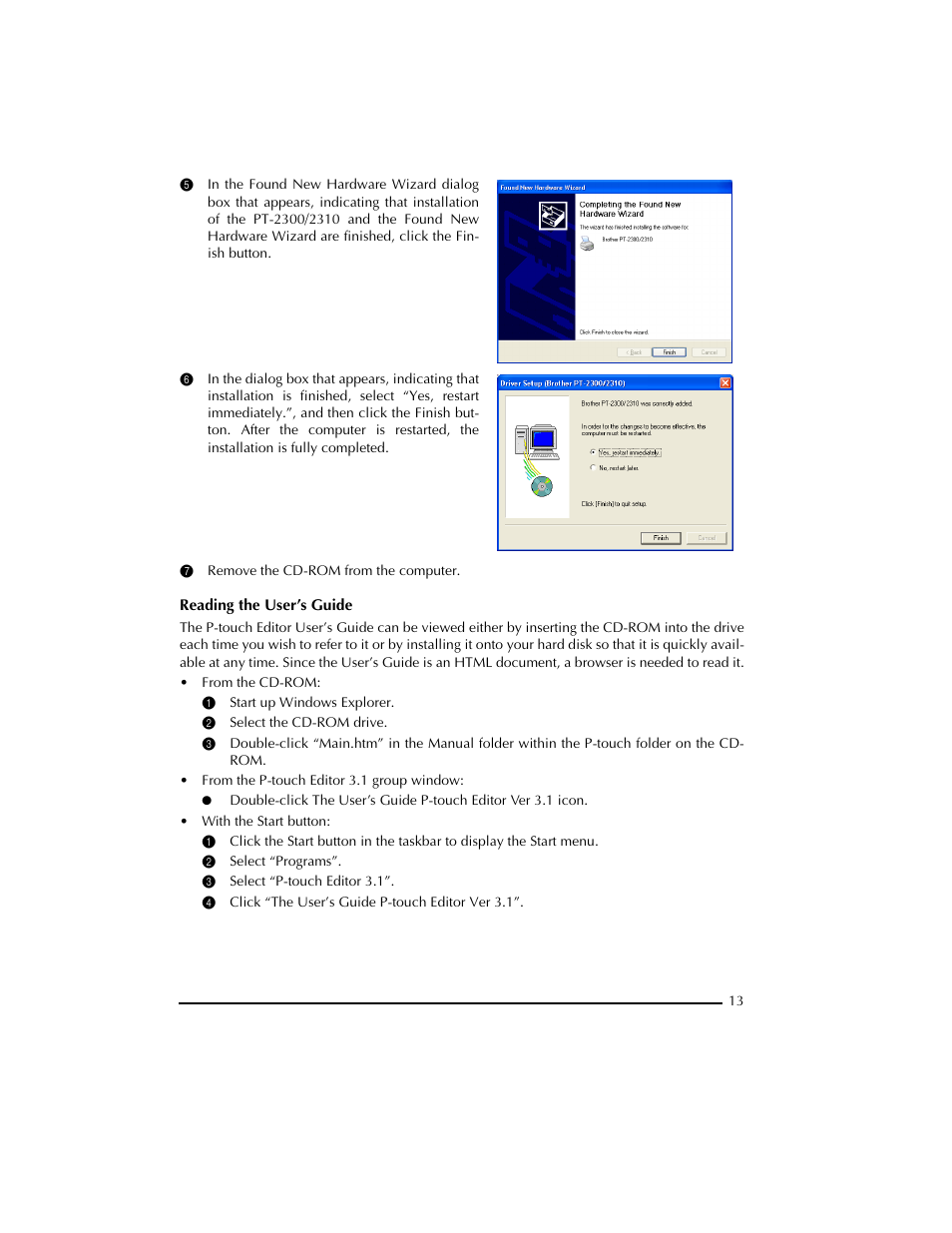 7 remove the cd-rom from the computer, 1 start up windows explorer, 2 select the cd-rom drive | 2 select “programs, 3 select “p-touch editor 3.1, 4 click “the user’s guide p-touch editor ver 3.1 | Brother PT-2300 User Manual | Page 17 / 143