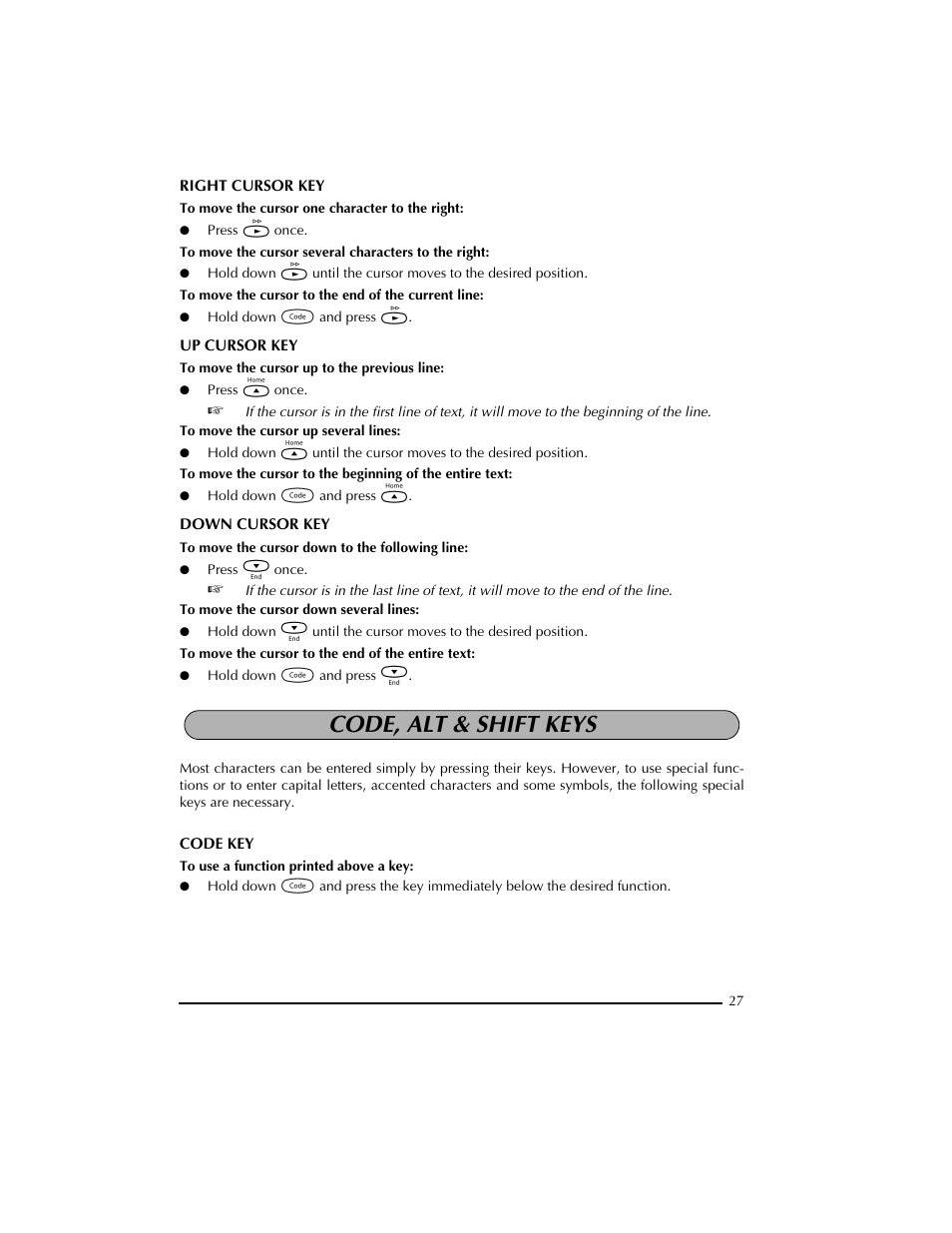 Code, alt & shift keys | Brother PT-2300 User Manual | Page 31 / 143