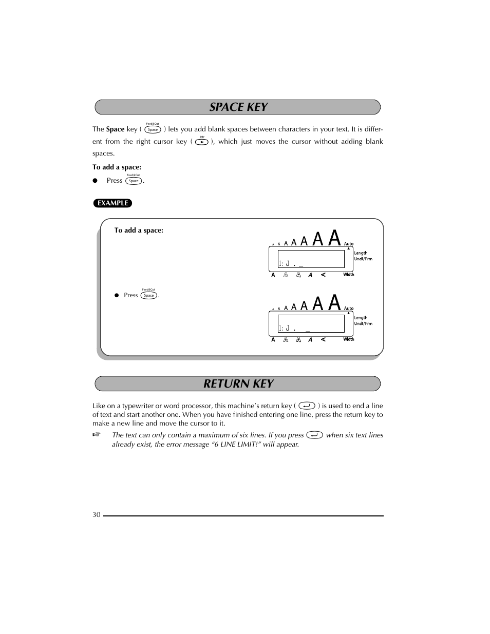 Space key, Return key | Brother PT-2300 User Manual | Page 34 / 143