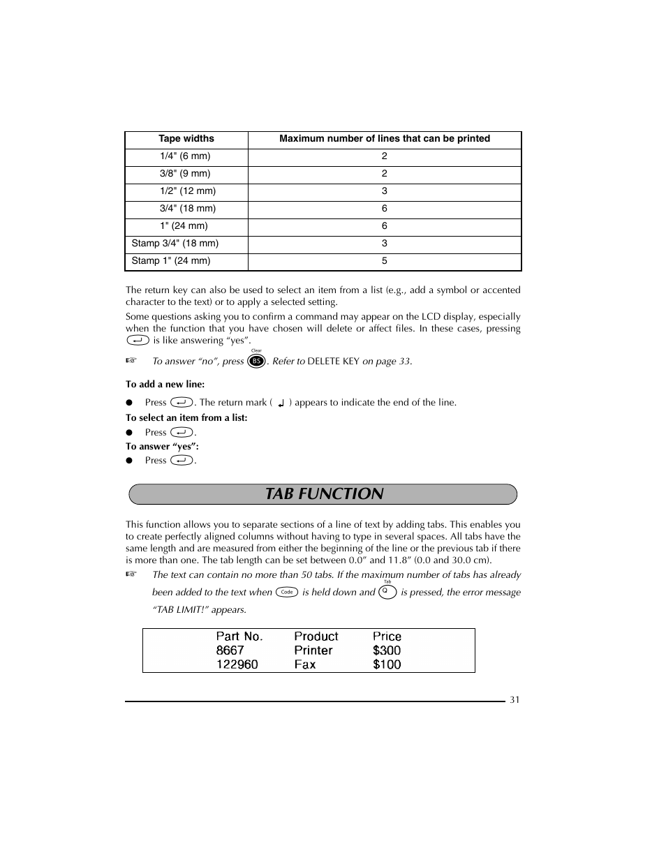 Tab function | Brother PT-2300 User Manual | Page 35 / 143