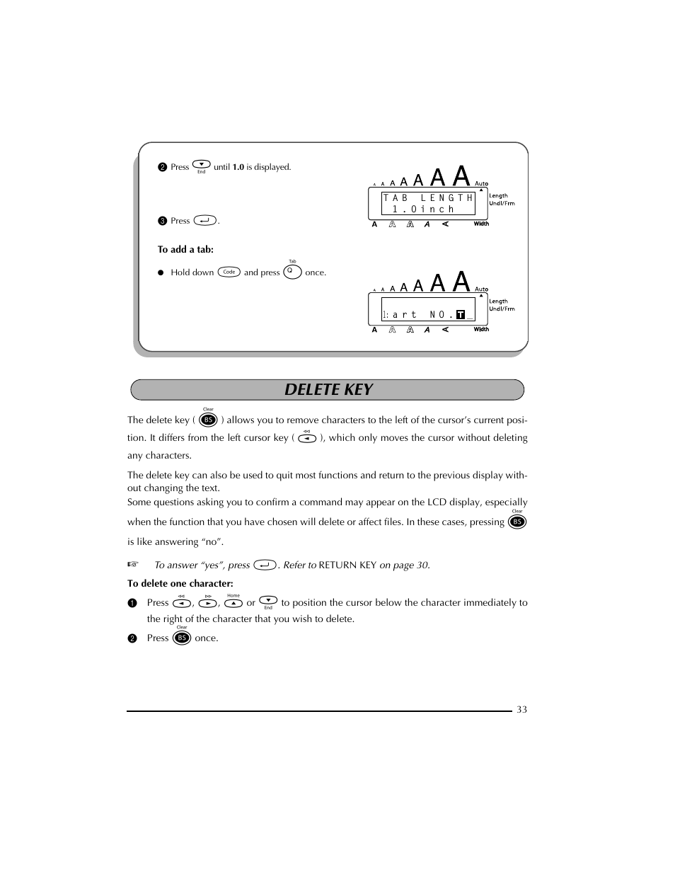 2 press e until 1.0 is displayed, 3 press r, Delete key | 2 press * once | Brother PT-2300 User Manual | Page 37 / 143