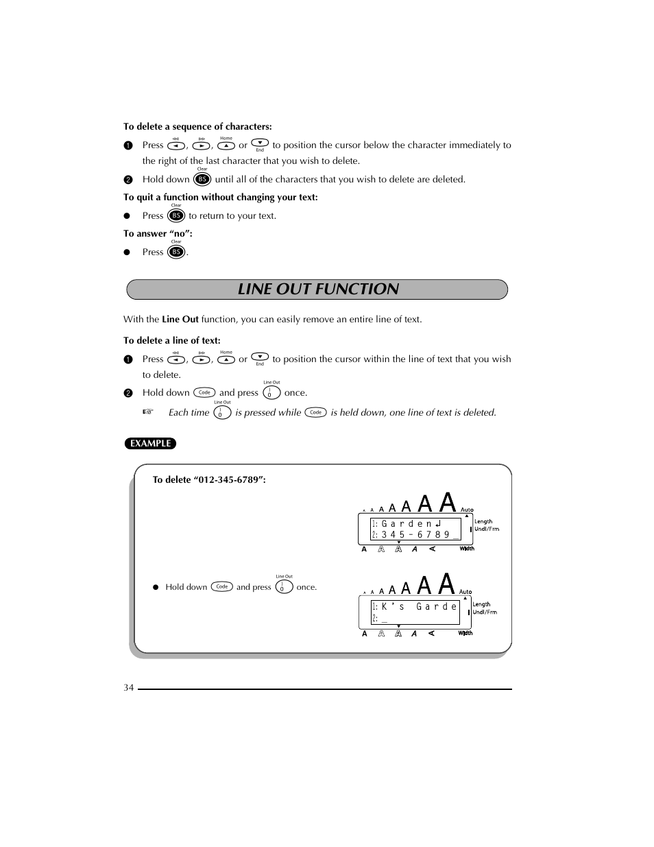 Line out function, 2 hold down c and press 0 once | Brother PT-2300 User Manual | Page 38 / 143