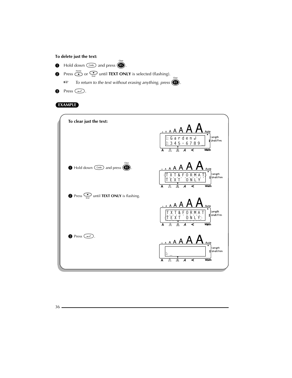 1 hold down c and press, 3 press r, 2 press e until text only is flashing | Brother PT-2300 User Manual | Page 40 / 143