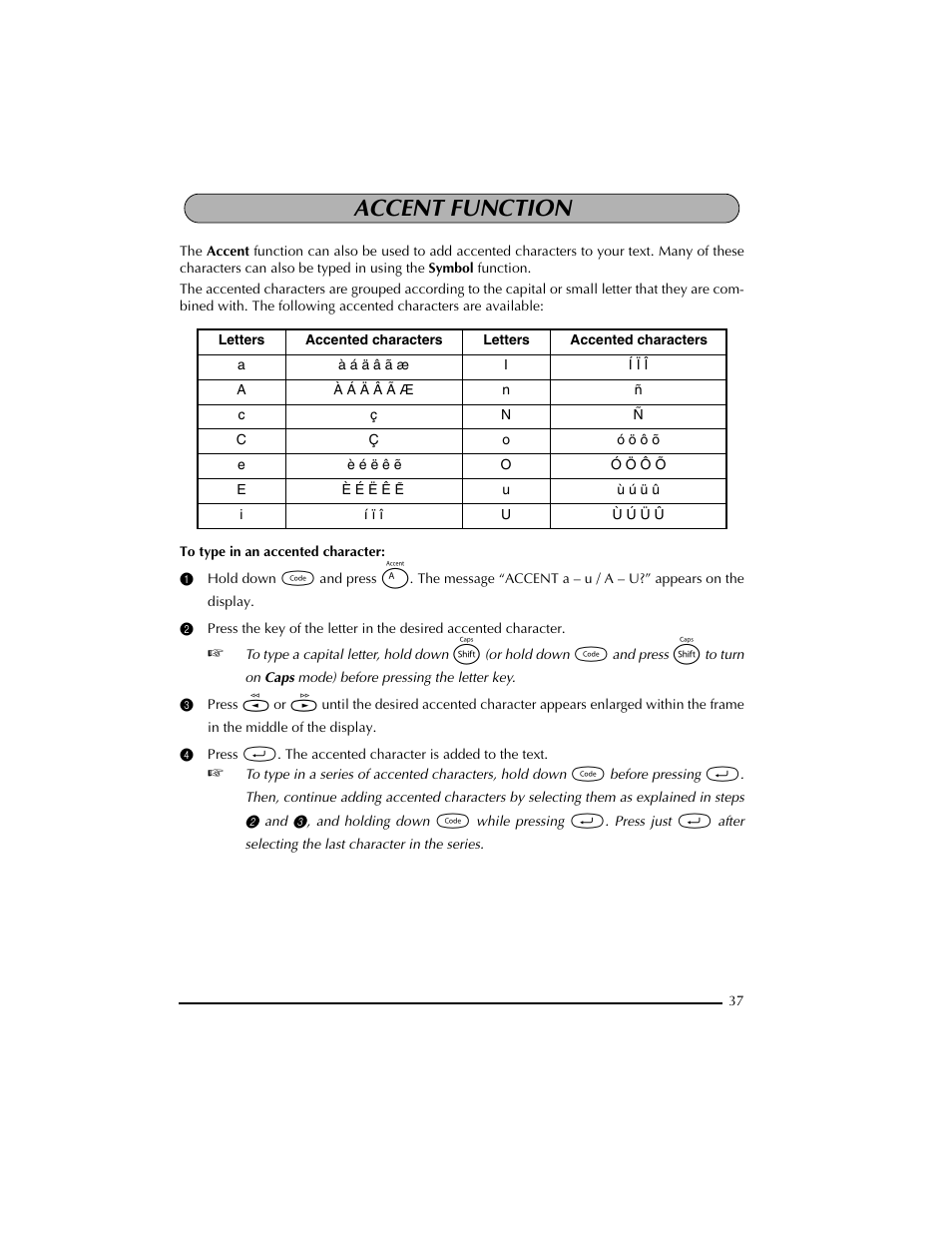 Accent function | Brother PT-2300 User Manual | Page 41 / 143