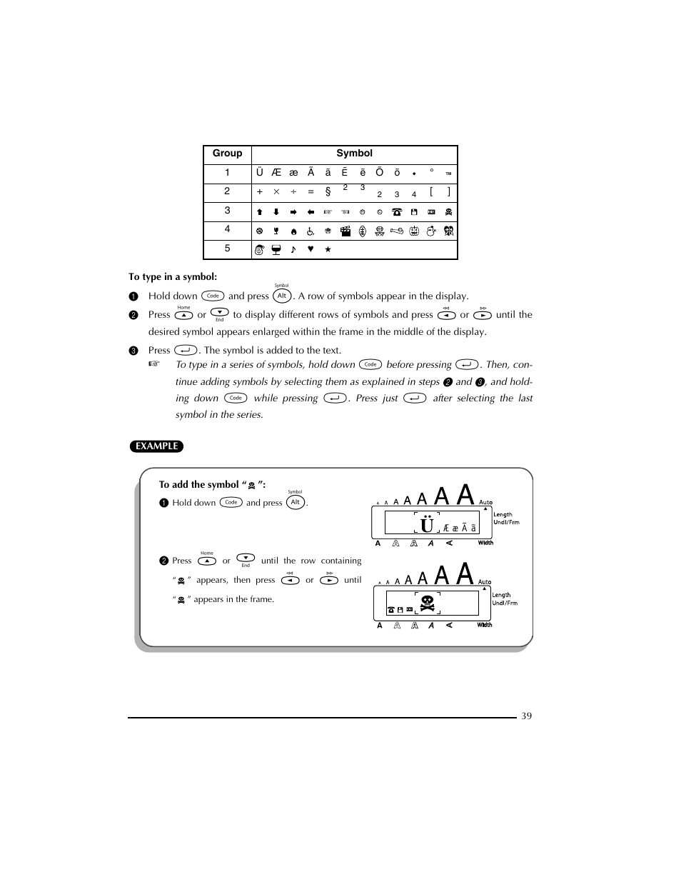 3 press r. the symbol is added to the text, 1 hold down c and press a | Brother PT-2300 User Manual | Page 43 / 143