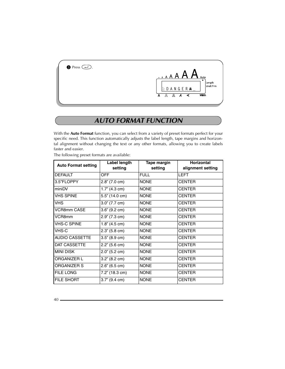 3 press r, Auto format function | Brother PT-2300 User Manual | Page 44 / 143