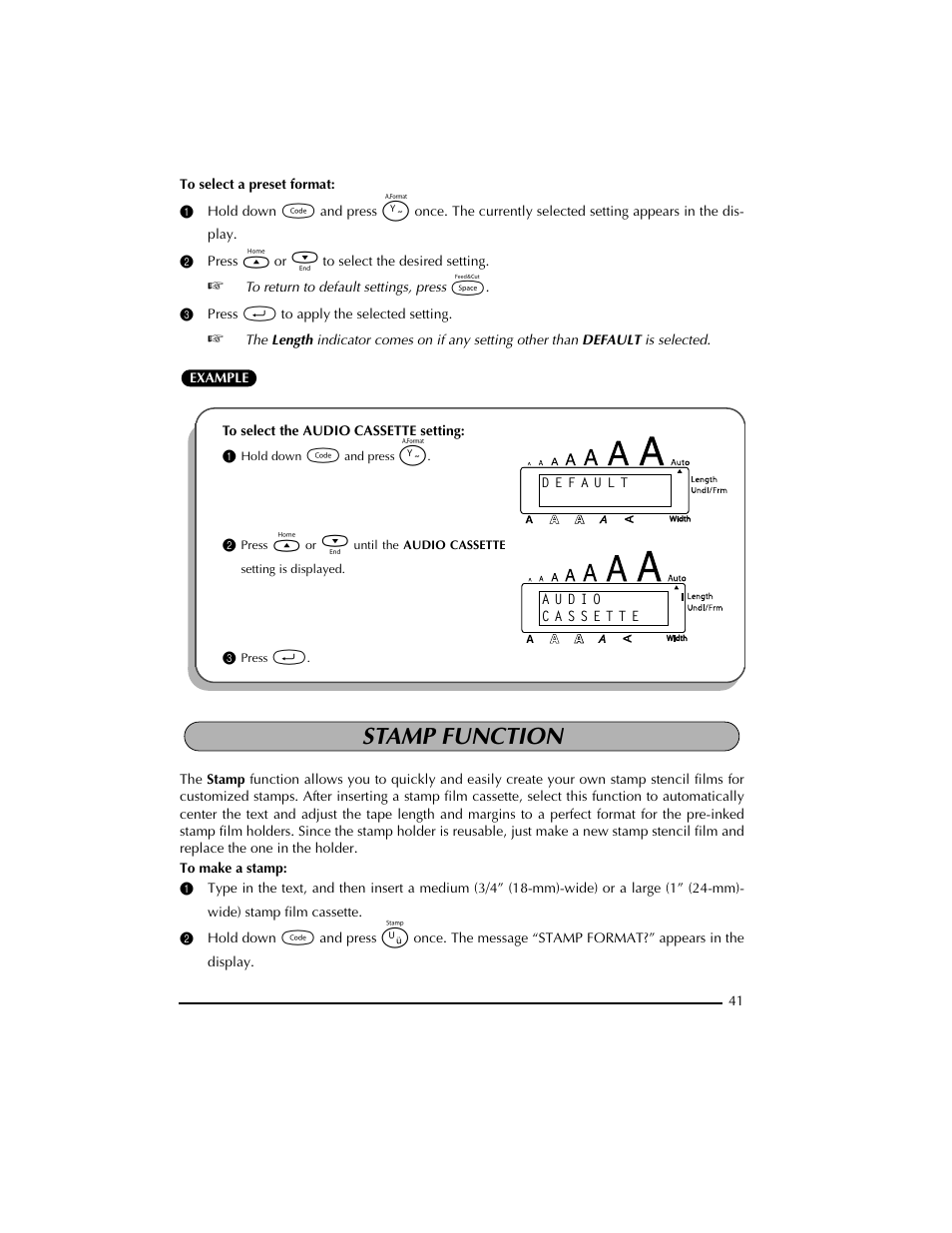 2 press h or e to select the desired setting, 3 press r to apply the selected setting, 1 hold down c and press y | 3 press r, Stamp function | Brother PT-2300 User Manual | Page 45 / 143