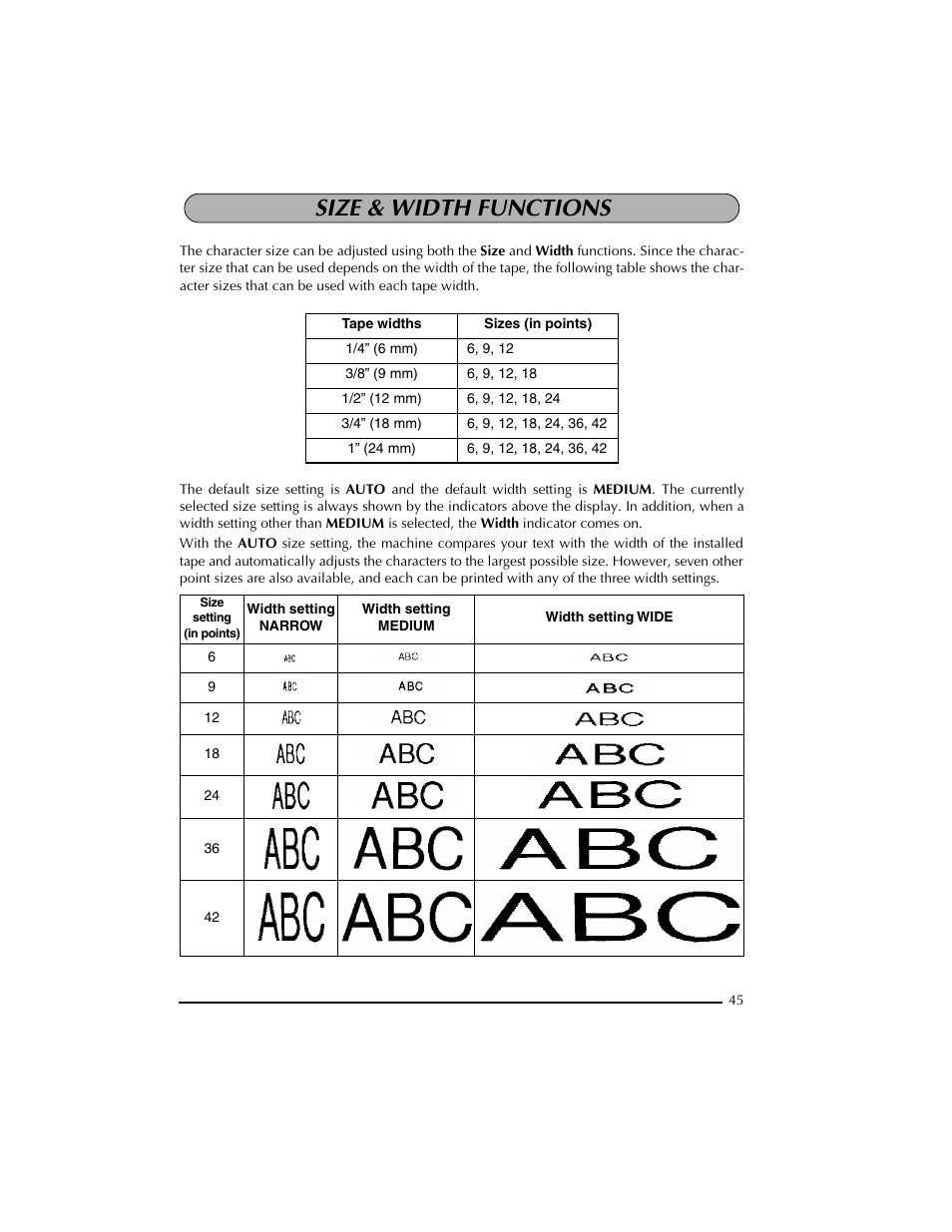 Size & width functions | Brother PT-2300 User Manual | Page 49 / 143