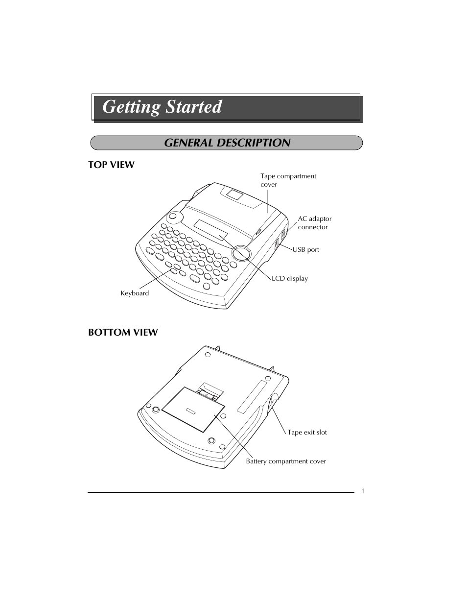 General description, Top view, Bottom view | Getting started | Brother PT-2300 User Manual | Page 5 / 143