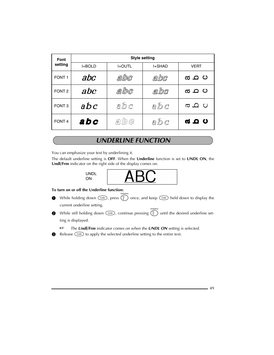 Underline function | Brother PT-2300 User Manual | Page 53 / 143