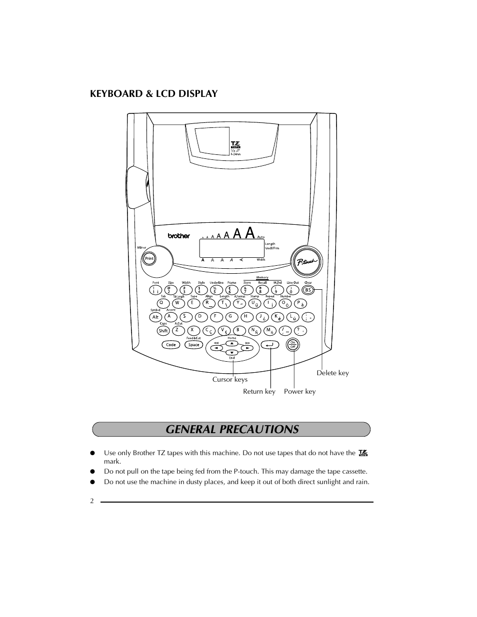 Keyboard & lcd display, General precautions | Brother PT-2300 User Manual | Page 6 / 143