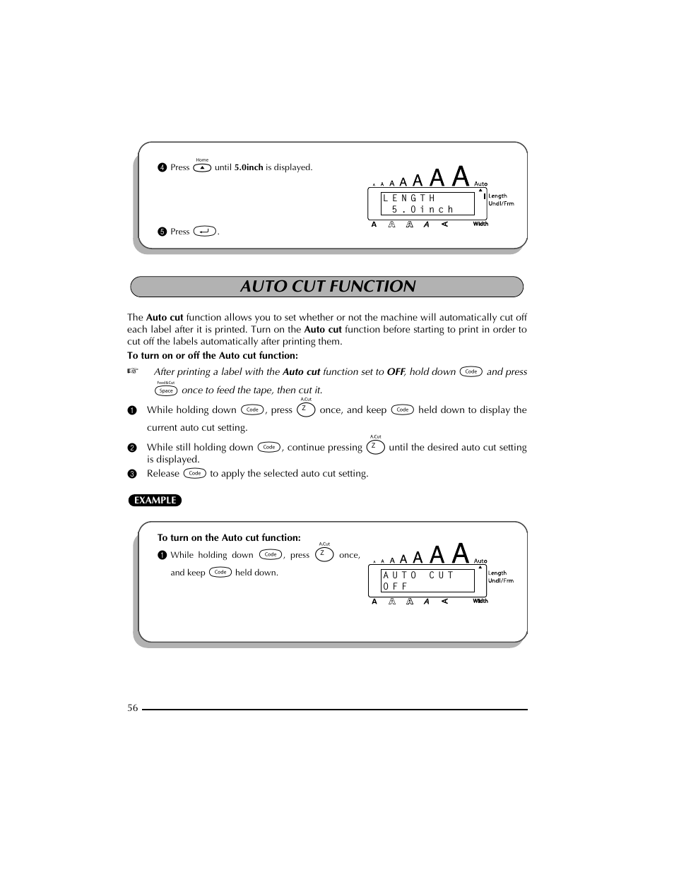 4 press h until 5.0inch is displayed, 5 press r, Auto cut function | 3 release c to apply the selected auto cut setting | Brother PT-2300 User Manual | Page 60 / 143