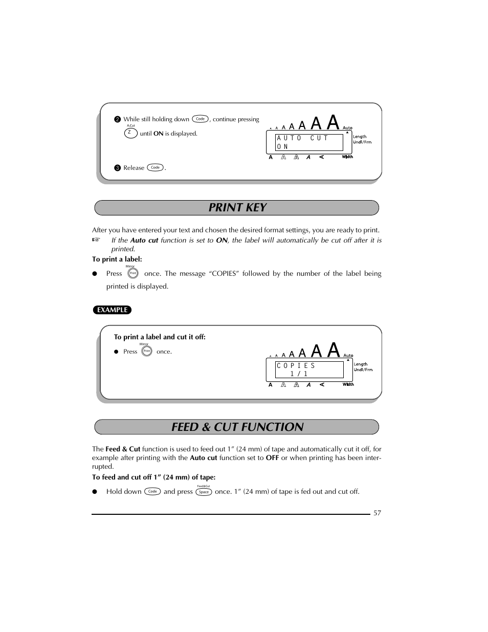 3 release c, Print key, Feed & cut function | Brother PT-2300 User Manual | Page 61 / 143