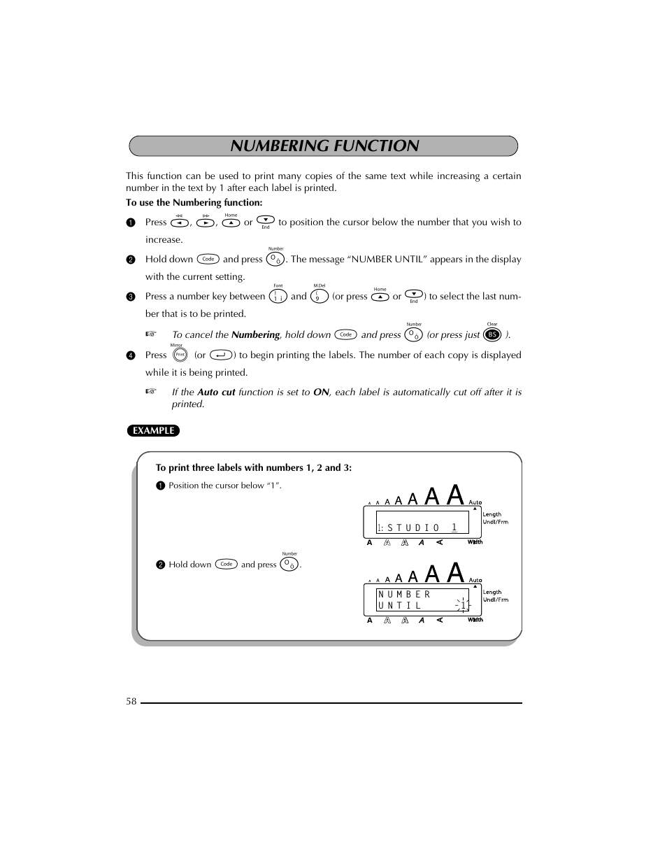 Numbering function, 1 position the cursor below “1, 2 hold down c and press o | Brother PT-2300 User Manual | Page 62 / 143