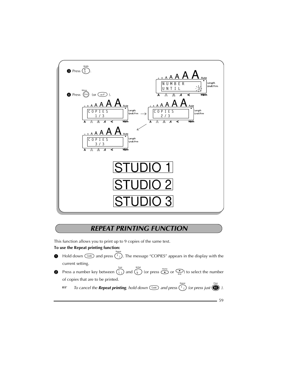 3 press 3, 4 press p (or r), Repeat printing function | Brother PT-2300 User Manual | Page 63 / 143