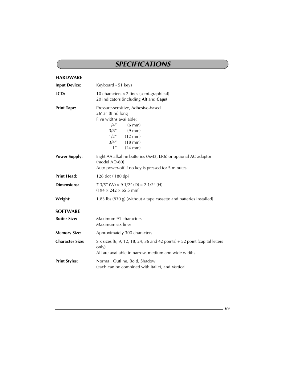 Specifications | Brother PT-2300 User Manual | Page 73 / 143