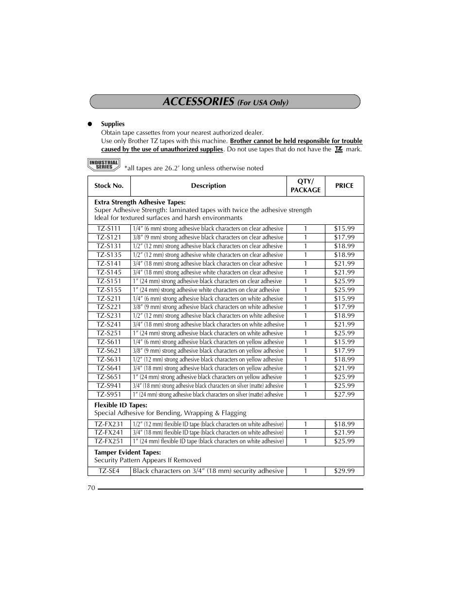 Accessories (for usa only), Accessories | Brother PT-2300 User Manual | Page 74 / 143