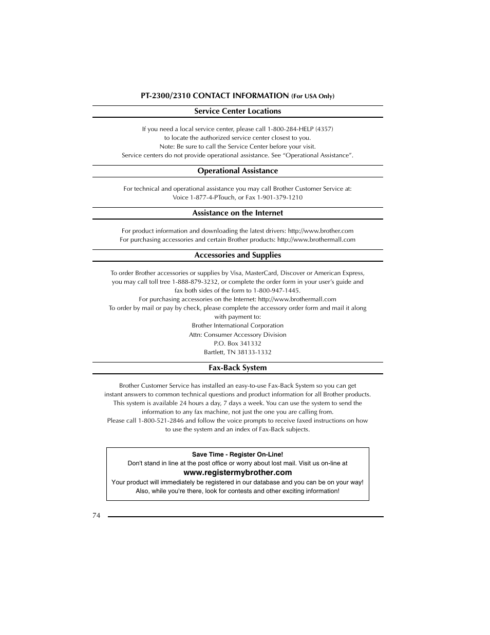 Pt-2300/2310 contact information (for usa only), Service center locations, Operational assistance | Assistance on the internet, Accessories and supplies, Fax-back system | Brother PT-2300 User Manual | Page 78 / 143