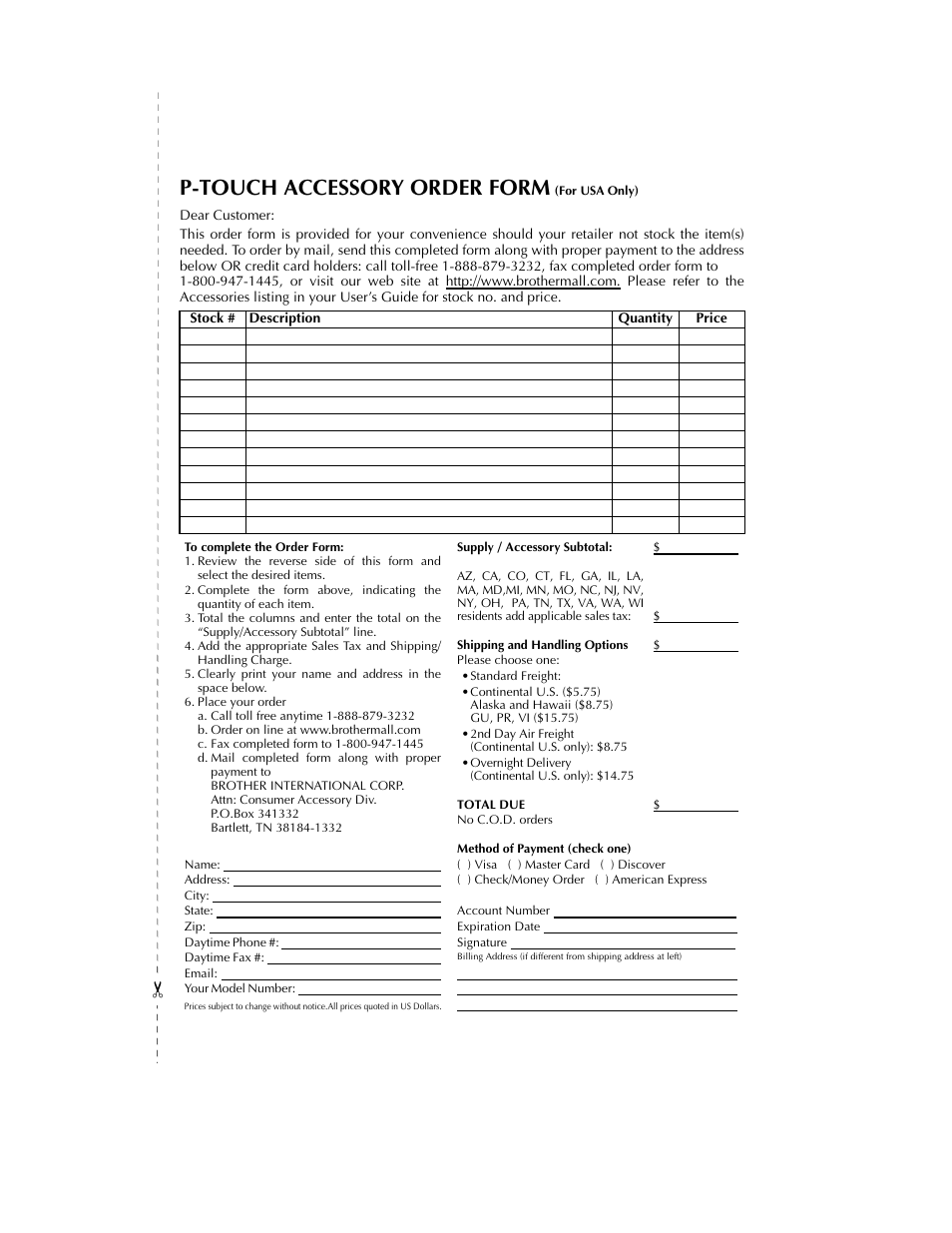 P-touch accessory order form (for usa only), P-touch accessory order form | Brother PT-2300 User Manual | Page 79 / 143