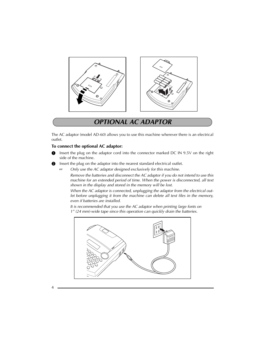 Optional ac adaptor | Brother PT-2300 User Manual | Page 8 / 143