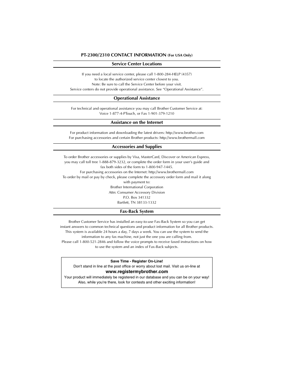 Pt-2300/2310 contact information (for usa only), Service center locations, Operational assistance | Assistance on the internet, Accessories and supplies, Fax-back system | Brother PT-2300 User Manual | Page 80 / 143