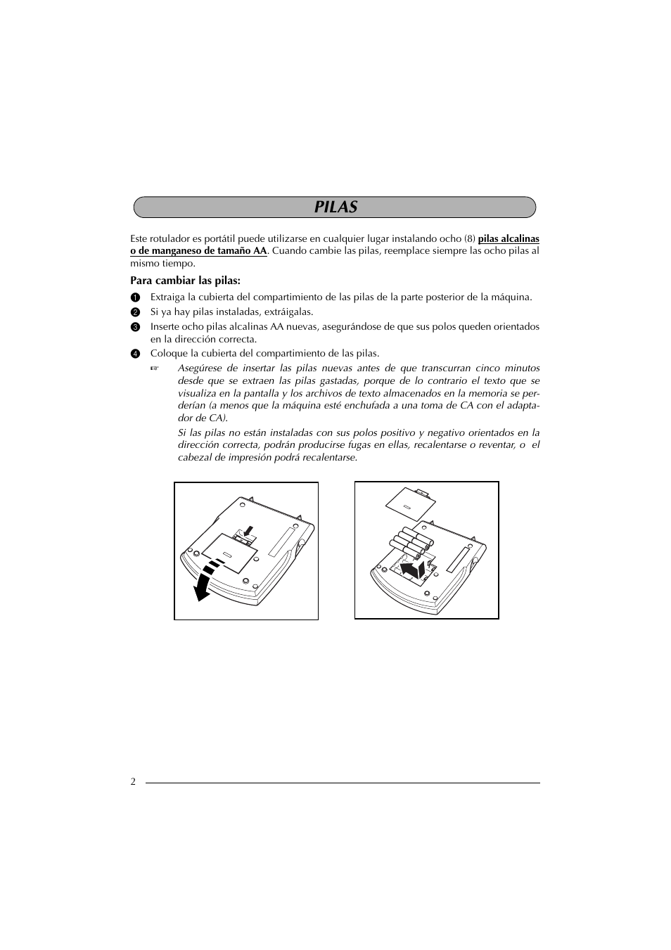 Pilas, 2 si ya hay pilas instaladas, extráigalas | Brother PT-2300 User Manual | Page 87 / 143