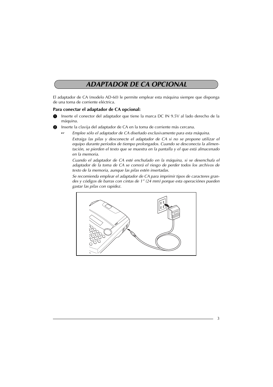 Adaptador de ca opcional | Brother PT-2300 User Manual | Page 88 / 143