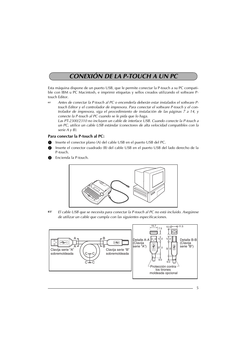 Conexión de la p-touch a un pc, 3 encienda la p-touch | Brother PT-2300 User Manual | Page 90 / 143