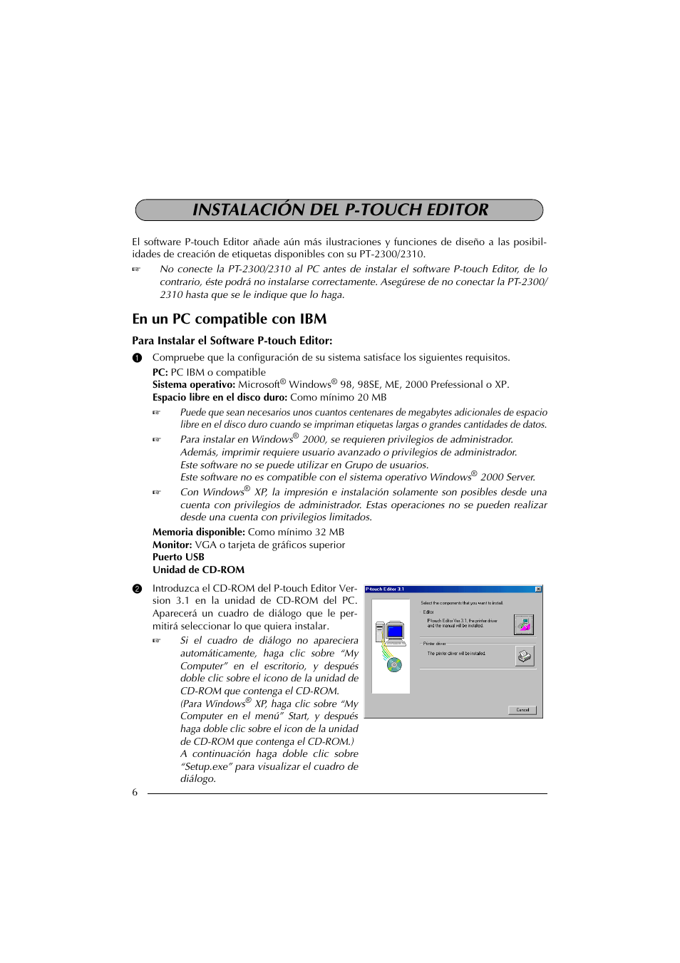 Instalación del p-touch editor, En un pc compatible con ibm | Brother PT-2300 User Manual | Page 91 / 143