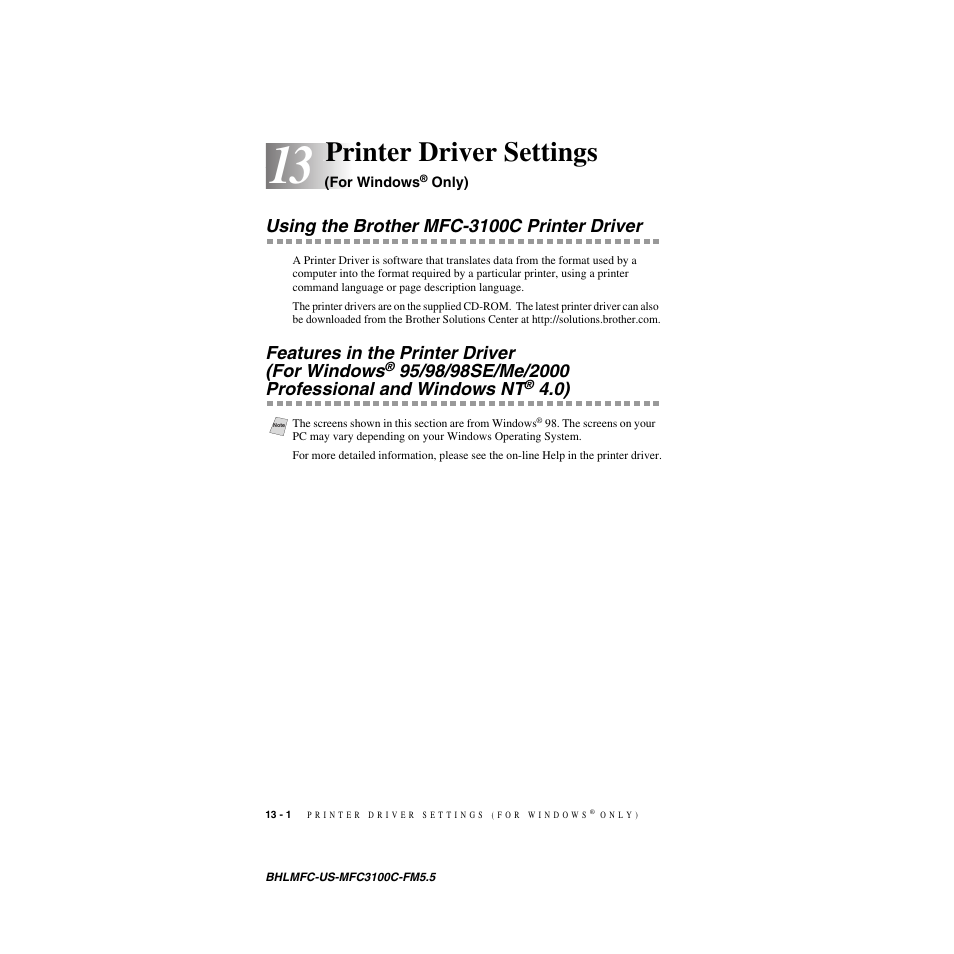 Printer driver settings (for windows® only), Using the brother mfc-3100c printer driver, Printer driver settings (for windows | Only) -1, 95/98/98se/me, 2000 professional and windows nt, Printer driver settings, Features in the printer driver (for windows | Brother MFC-3100C User Manual | Page 100 / 210