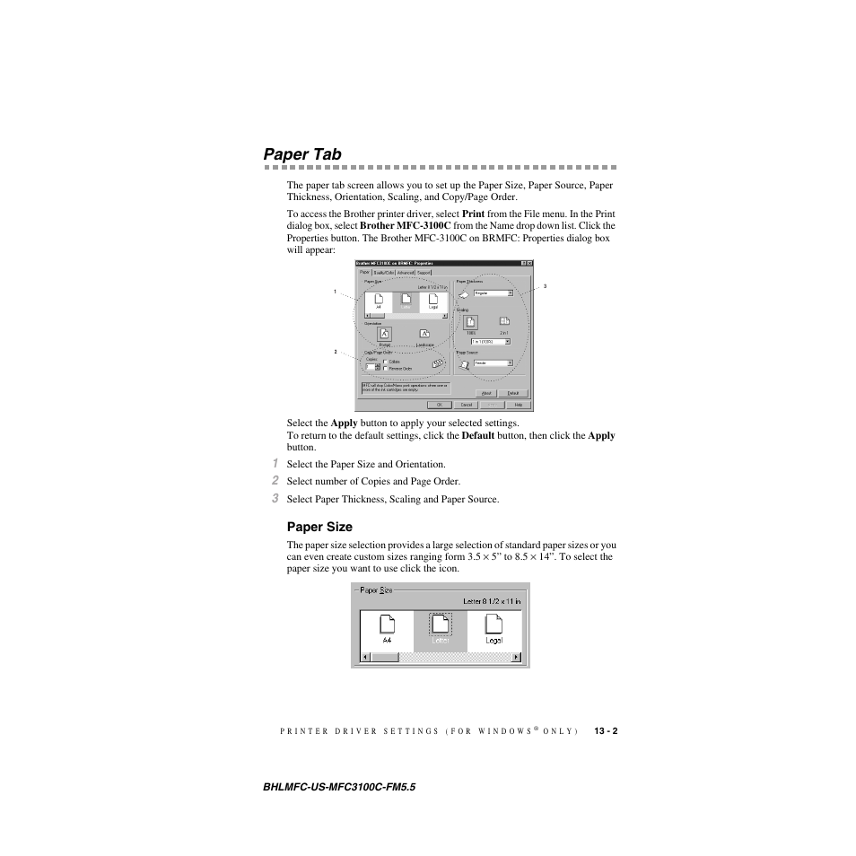 Paper tab, Paper size, Paper tab -2 | Paper size -2 | Brother MFC-3100C User Manual | Page 101 / 210