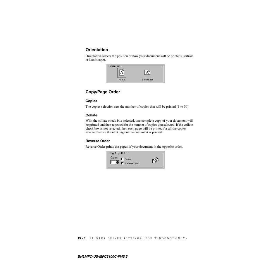 Orientation, Copies, Collate | Reverse order, Copies -3 collate -3 reverse order -3 | Brother MFC-3100C User Manual | Page 102 / 210