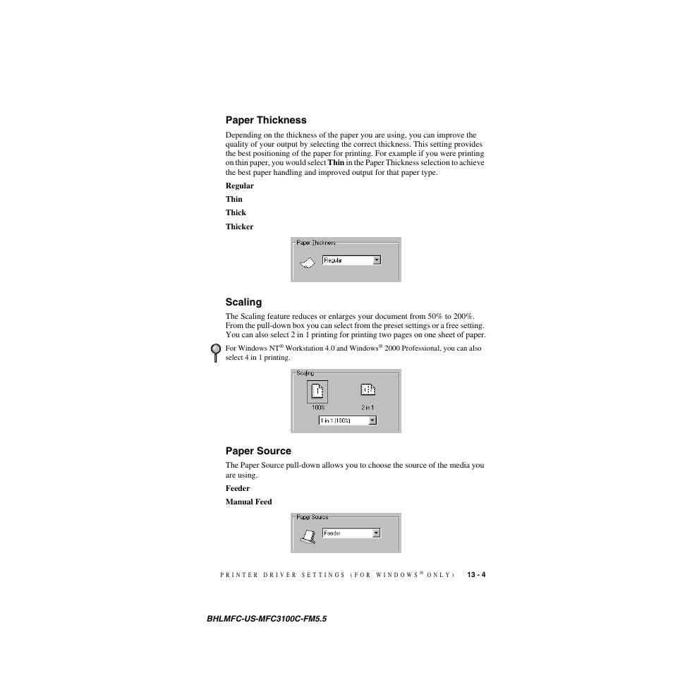 Paper thickness, Scaling, Paper source | Paper thickness -4, Scaling -4 paper source -4 | Brother MFC-3100C User Manual | Page 103 / 210