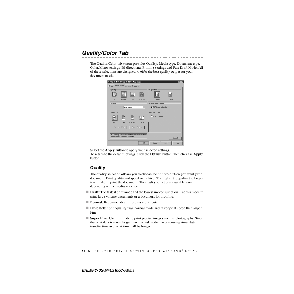 Quality/color tab, Quality, Quality/color tab -5 | Quality -5 | Brother MFC-3100C User Manual | Page 104 / 210