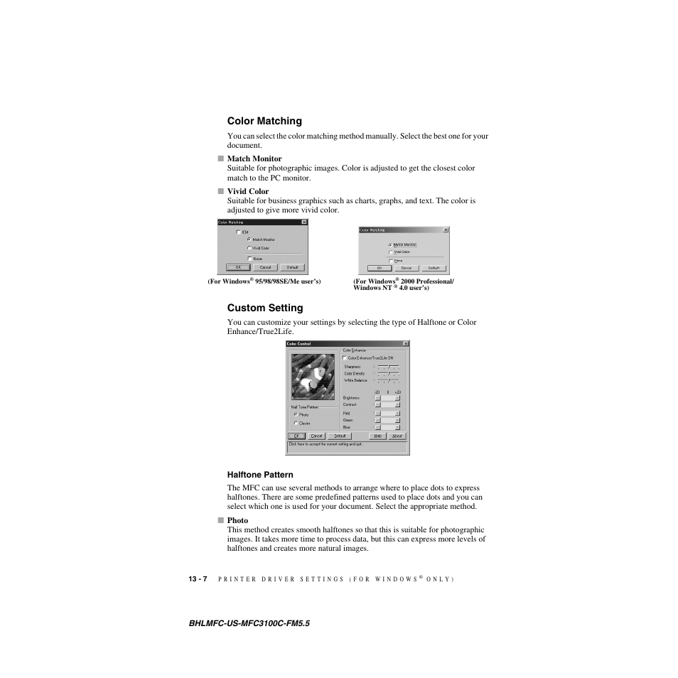 Color matching, Custom setting, Halftone pattern | Color matching -7 custom setting -7, Halftone pattern -7 | Brother MFC-3100C User Manual | Page 106 / 210