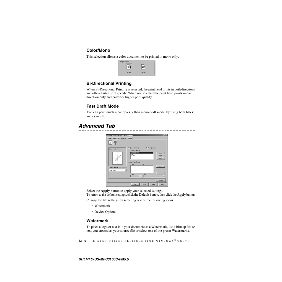 Color/mono, Bi-directional printing, Fast draft mode | Advanced tab, Watermark, Advanced tab -9, Watermark -9 | Brother MFC-3100C User Manual | Page 108 / 210