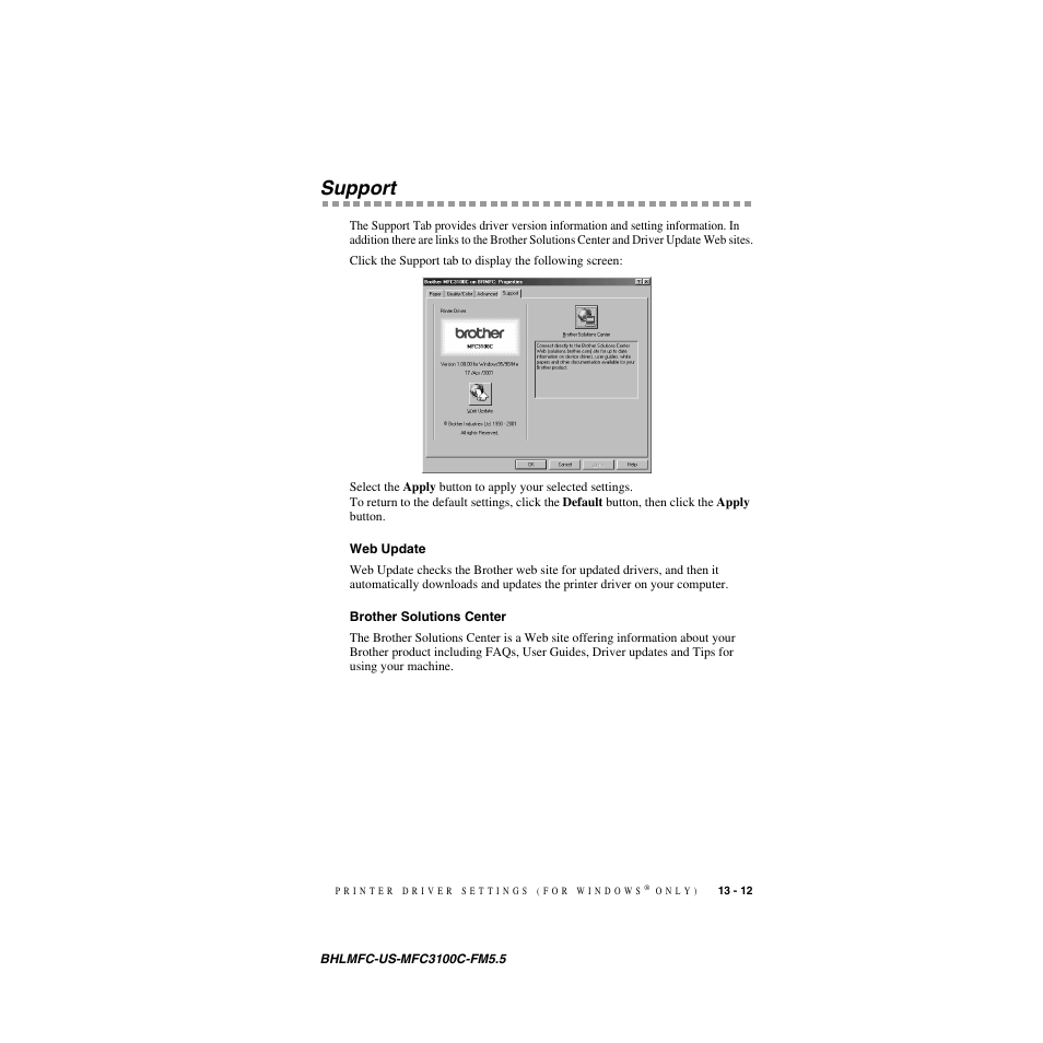 Support, Web update, Brother solutions center | Support -12, Web update -12 brother solutions center -12 | Brother MFC-3100C User Manual | Page 111 / 210