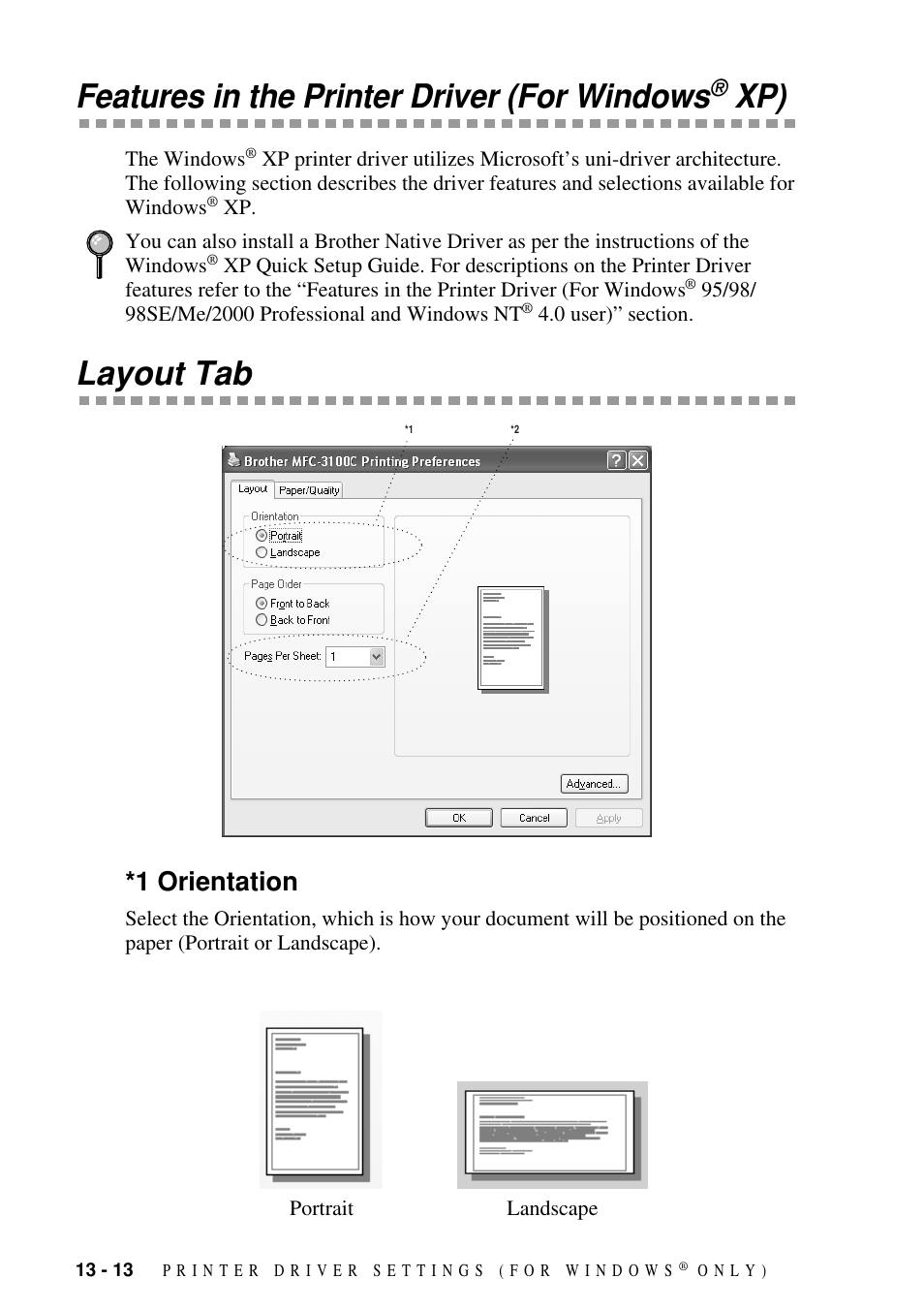 Features in the printer driver (for windows® xp), Layout tab, 1 orientation | Features in the printer driver (for windows, Xp) -13, Layout tab -13, 1 orientation -13 | Brother MFC-3100C User Manual | Page 112 / 210