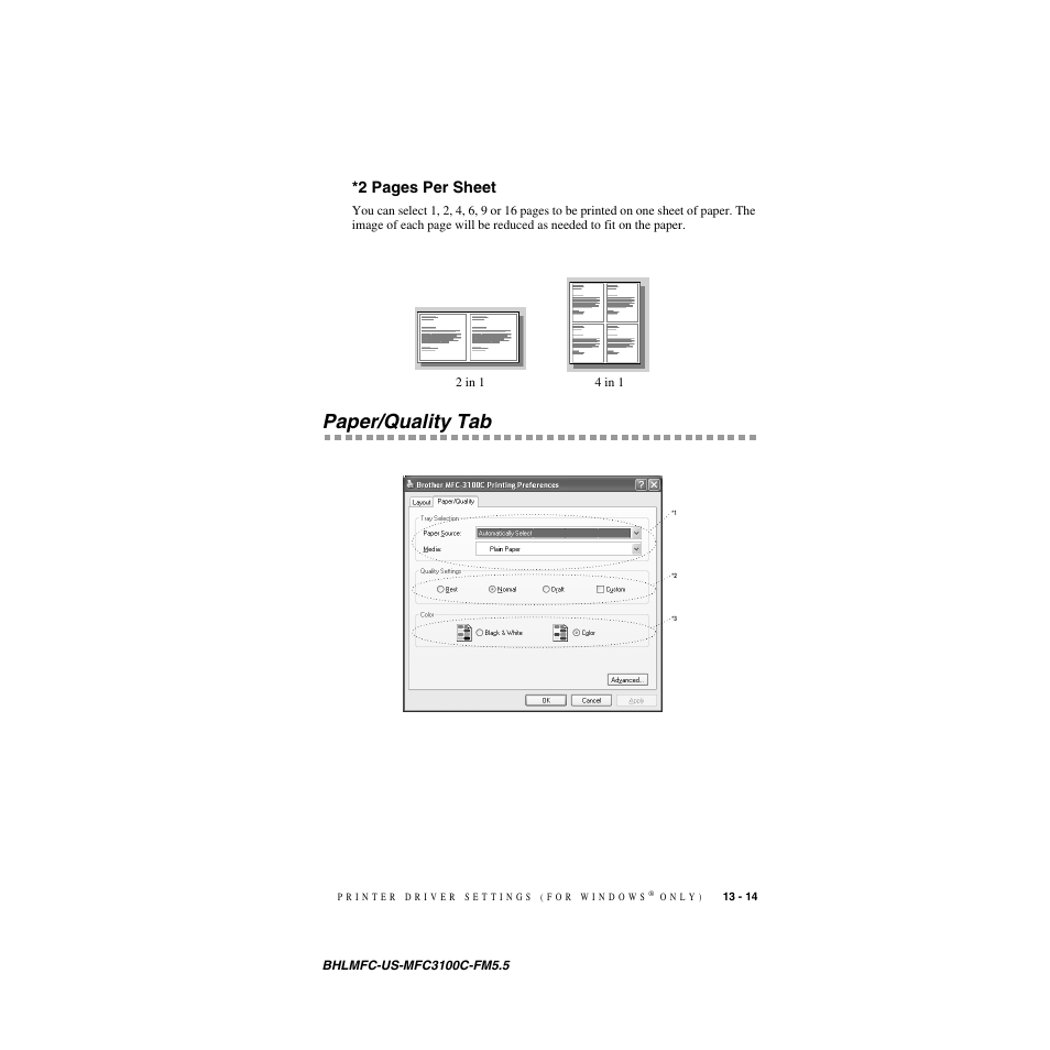 Paper/quality tab, Paper/quality tab -14, 2 pages per sheet | Brother MFC-3100C User Manual | Page 113 / 210