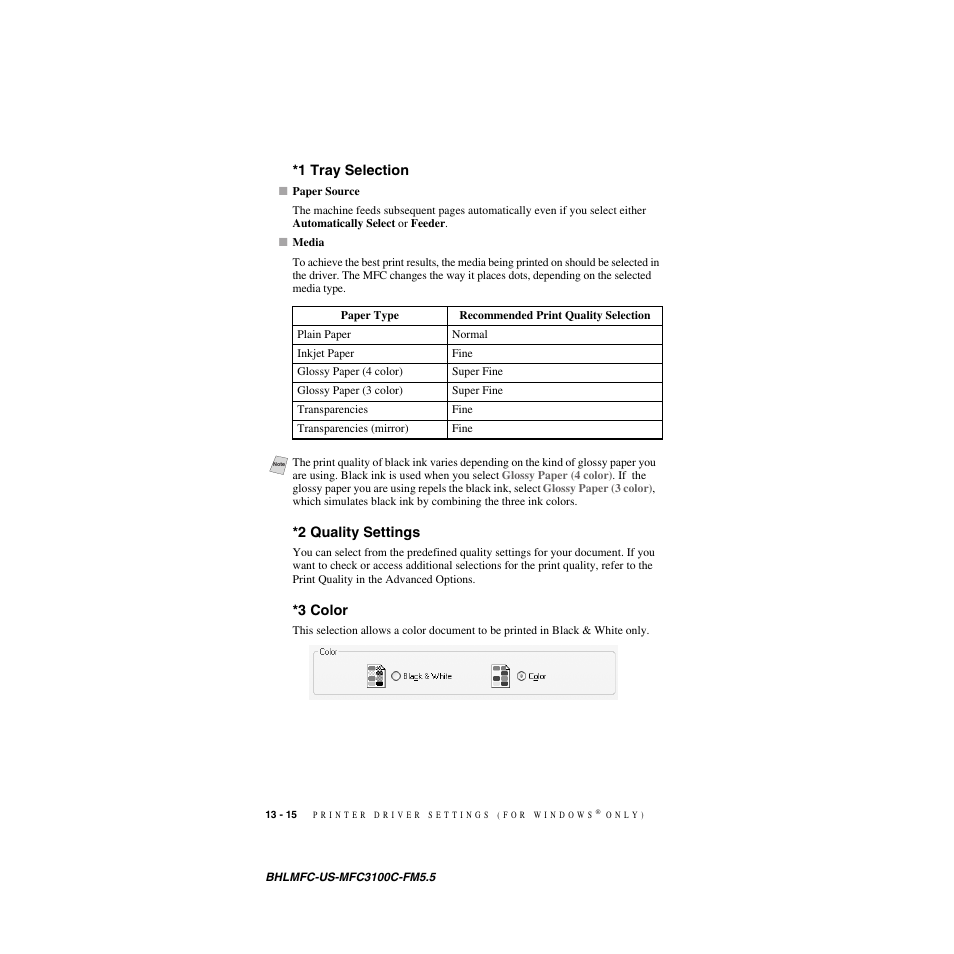 1 tray selection, 2 quality settings, 3 color | Brother MFC-3100C User Manual | Page 114 / 210