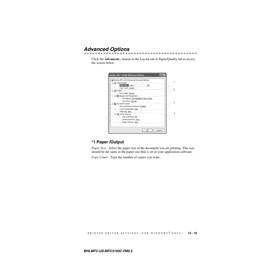 Advanced options, 1 paper /output, Advanced options -16 | 1 paper /output -16 | Brother MFC-3100C User Manual | Page 115 / 210